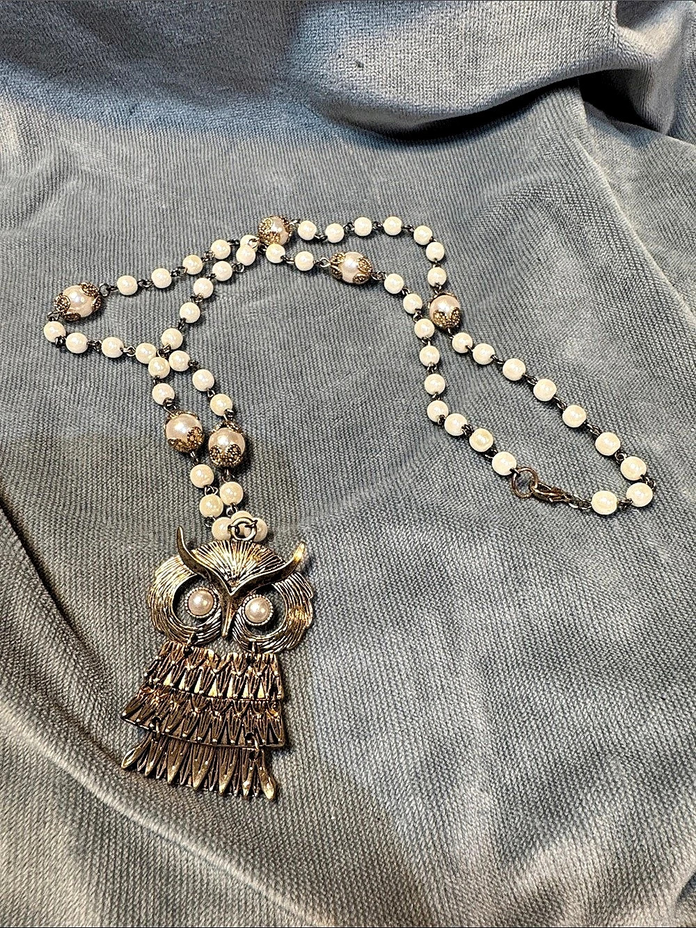 Owl Pendant Beaded Necklace in Gold & White